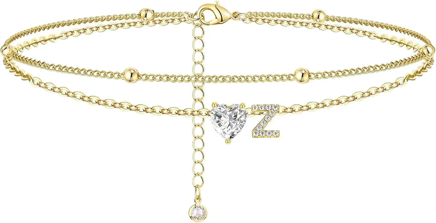 Ankle Bracelets for Women Waterproof 14K Gold Plated CZ Initial Dainty Layered Heart Anklets Foot Chain Summer Beach Jewelry