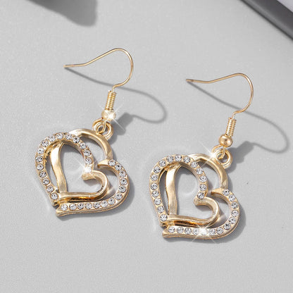 1 par de brincos + 1 colar estilo romântico francês conjunto de joias com design de coração brilhante prateado ou dourado faça sua escolha presente F