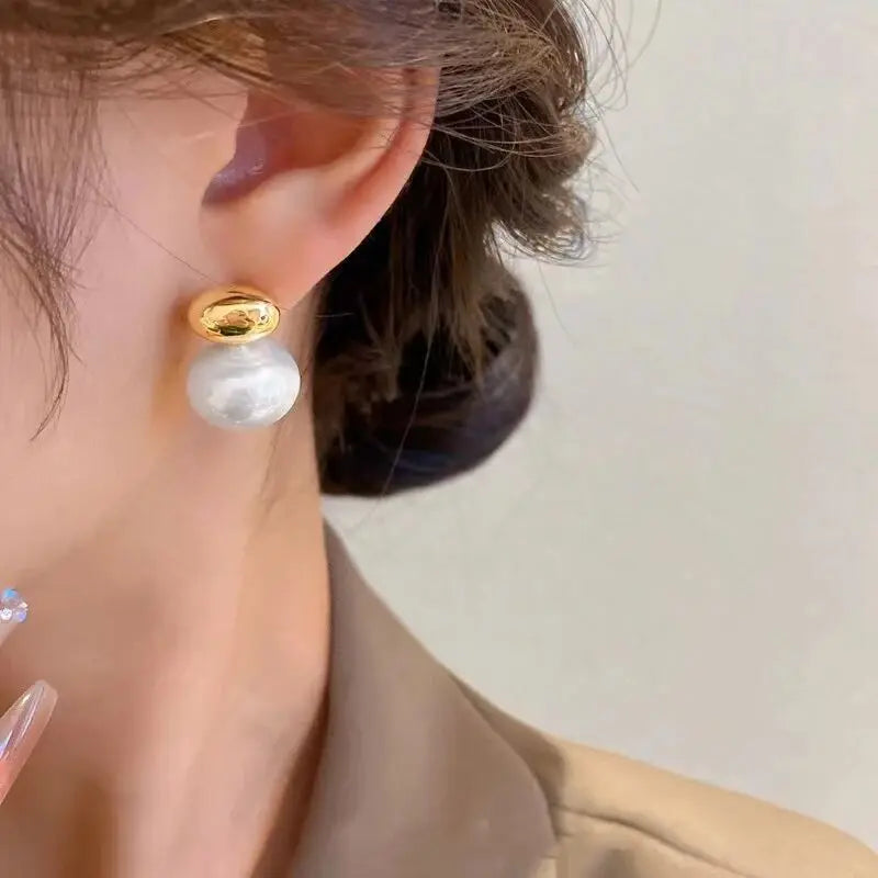 LATS New French Elegant Gold Color Bean Spliced Flat Pearl Earrings for Korean Fashion Jewelry Party Women's Sweet Accessories