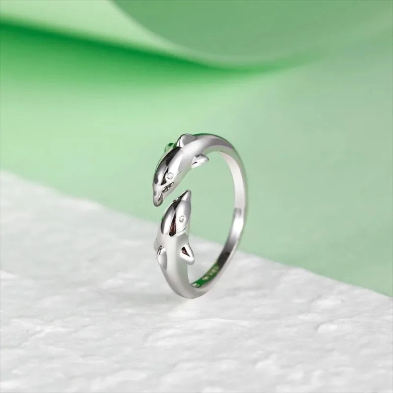 Trumium 100% 925 Silver Ring Trendy Double Dolphin rings for Women Girl Finger Fine Jewelry Women Open No Fade Whosales