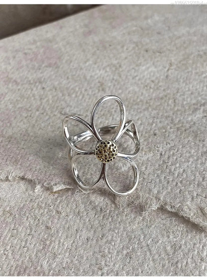 Sterling Silver Rings for Women Couple Minimalist Handmade Simple Big Flower Ring Party Jewelry Gift Prevent Allergy