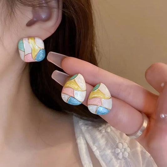 Colorful Glaze Water Drop Women's Stud Earrings Blue Pink Enamel Multi-colored Grids Small Square Earrings for Girls Boho Jewery