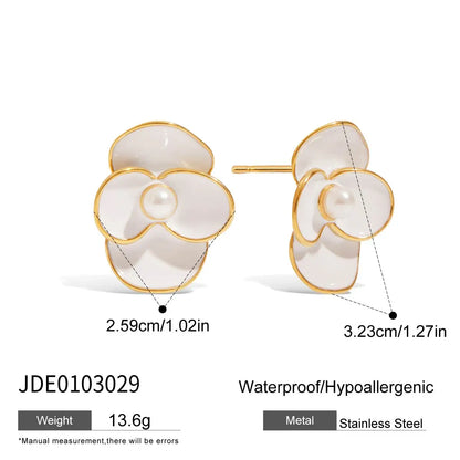Uworld Fashion Trend 18K Gold Color Plated Stainless Steel Pink Drip Oil Flower Earrings Geometric Ear Studs Women's Accessories