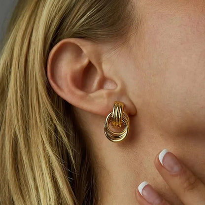 Retro Gold Plated Stainless Steel Texture Earrings for Women Circle Twist Geometric Statement Ear Stud Fashion Jewelry Bijoux