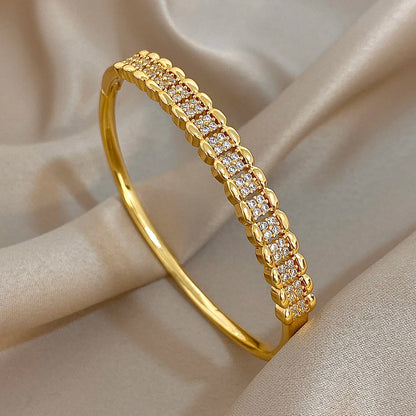Flashbuy Gold Color Chic Inlaid Zircon Copper Bangle Bracelet For Women Statement New Design Temperament Wrist Fashion Jewelry