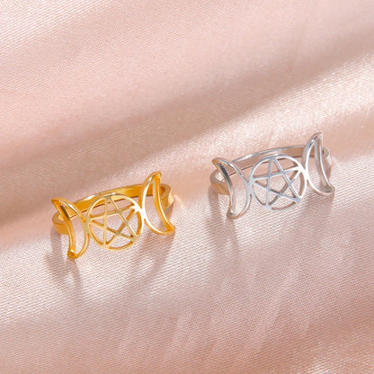 COOLTIME Pentagram Triple Moon Goddess Symbol Rings for Women Men Stainless Steel Crescent Star Ring Vintage Wicca Jewelry Gift