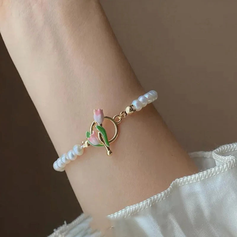 Korean Light Luxury Tulip Flower Bracelet For Women Shiny Zircon Opal Pearl Beaded Rose Adjustable Charm Bracelet Trendy Jewelry