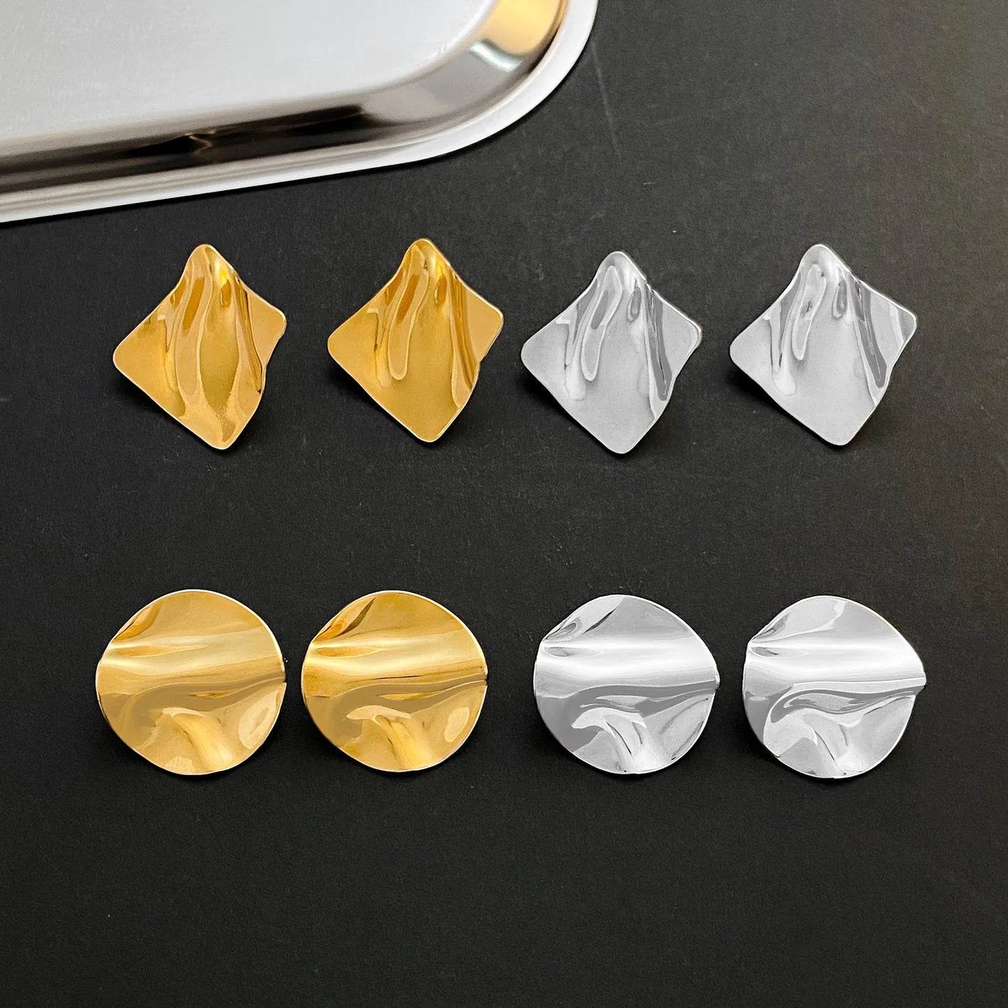 LATS New Stainless Steel Pleated Geometric Earrings for Women Gold-plated Retro Glossy Irregular Ear Accessories Fashion Jewelry