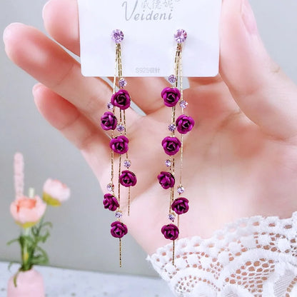 New Rose Flower Long Tassel Dangle Earrings Women Blue Red Green Rhinestone Flowers Hanging Earring Girls Party Wedding Jewelry