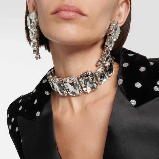 Luxury Square Crystal Jewelry Sets Women Party Accessories 2024 Fashion Show Exaggerate Bridal Necklace Earrings Set Gifts