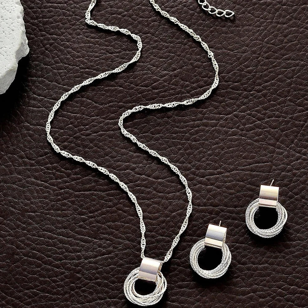 2 PCS Set Multiple Small Circle Pendant Earring Set Gold Plating Link Chain Wedding Party Jewelry Set Silver Color Stud Earring