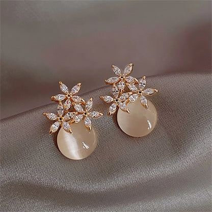 Exquisite Opal Flower Stud Earrings For Women Korean Shiny Crystal Imitation Pearl Floral Leaves Earring Wedding Party Jewelry