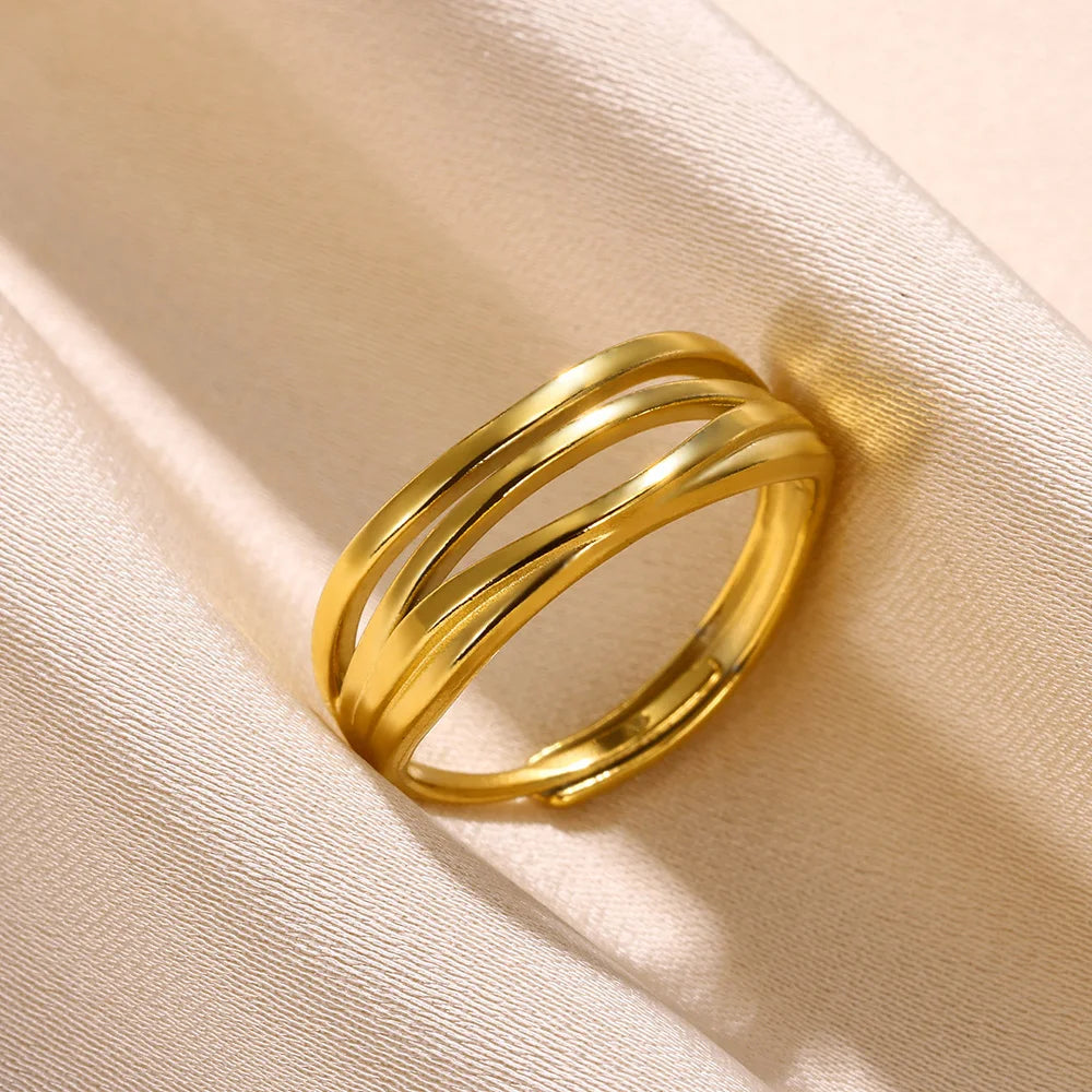 Stainless Steel Rings for Women Gold Color Couple Jewelry Aesthetic Accessorie Adjustable Punk Embossed Hollow Ring
