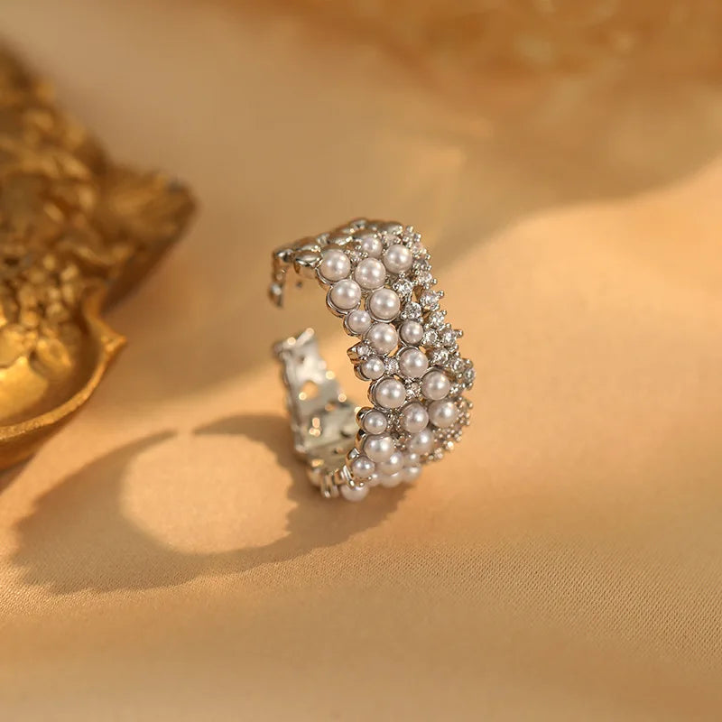 925 Sterling Silver Zircon Pearl Round Rings for Women Minimalist Trendy Light Luxury Fine Jewelry Opening Accessories