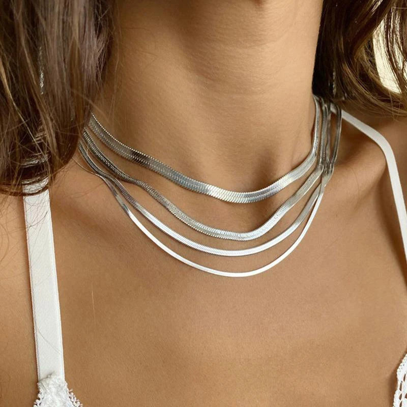 Hot Classic Unisex Flat Snake Chain Choker Necklace For Women Stainless Steel Herringbone Gold Silver Color Fashion Jewelry Gift