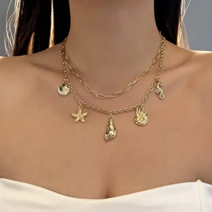 Fashion Gold Color Starfish Conch Turtle Pendant Necklace for Women Handmade Shell Chain Necklace Summer Beach Party Jewelry