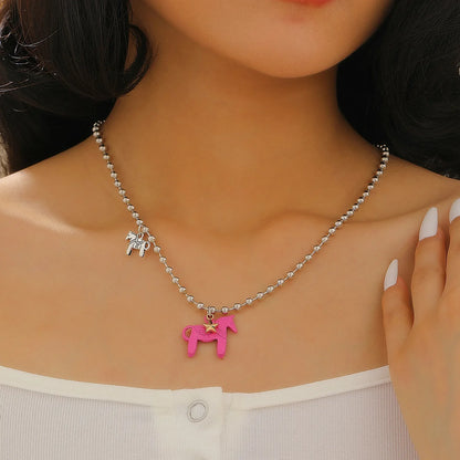 LATS Funny Cute White Black Pink Color Enamel Colt Horse Pendant Necklaces for Women Alloy Beads Chain Chokers Fashion Jewelry