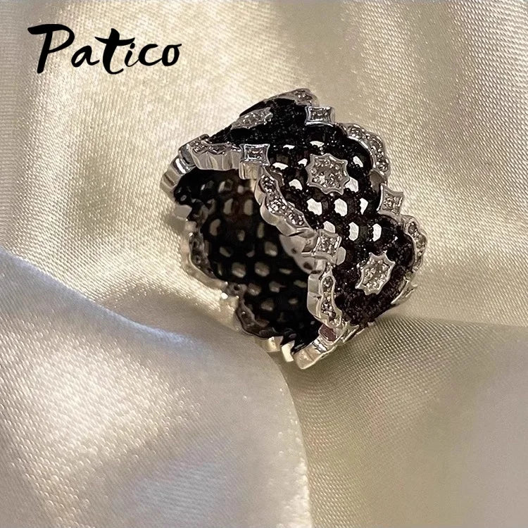 Elegant Genuine 925 Sterling Silver Rings for Women Wedding Engagement Anniversary Accessory Black Color Geometric Modern Design
