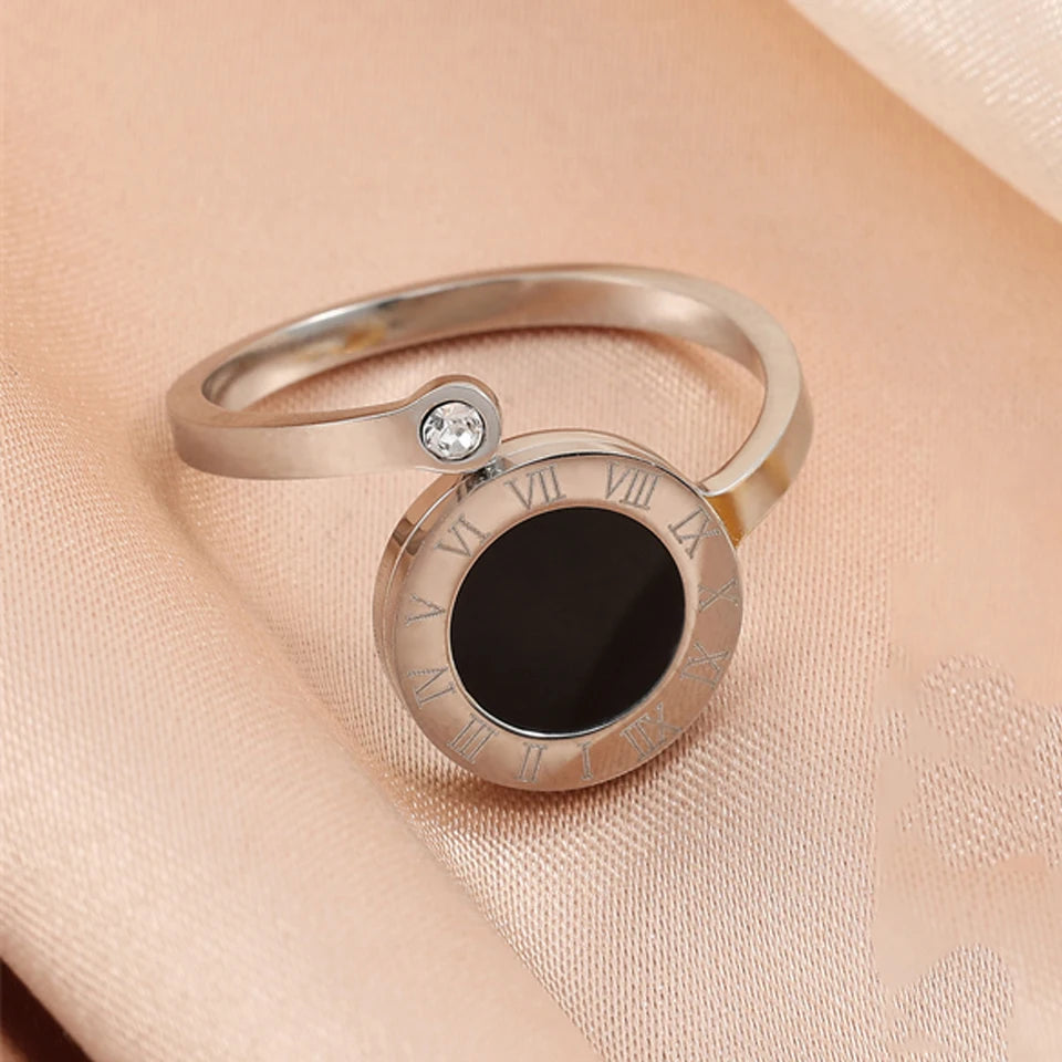 ZAKOL 2 Pcs Fashion Bracelet Rings For Women Black Acrylic Roman Numeral Stainless Steel Couple Bracelet Jewelry Set Gift