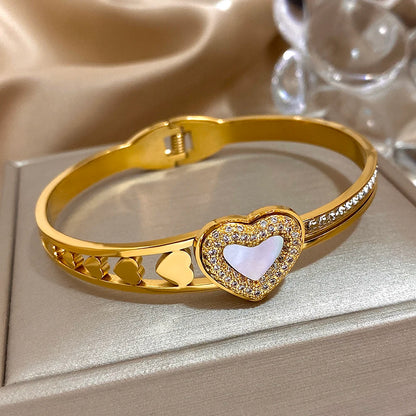Stainless Steel Inlaid Shell Double Heart Cuff Bangles for Women Fashion Gold Color Bangle Bracelet Valentine's Day Jewelry Gift
