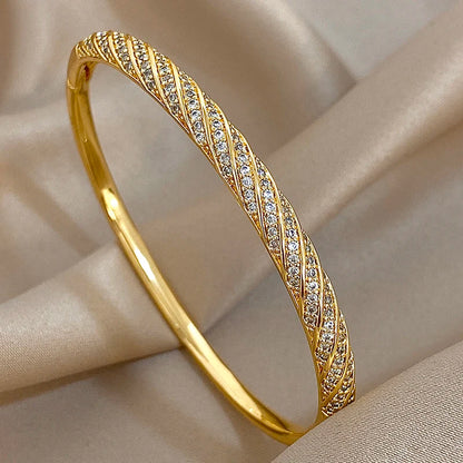 Flashbuy Gold Color Chic Inlaid Zircon Copper Bangle Bracelet For Women Statement New Design Temperament Wrist Fashion Jewelry