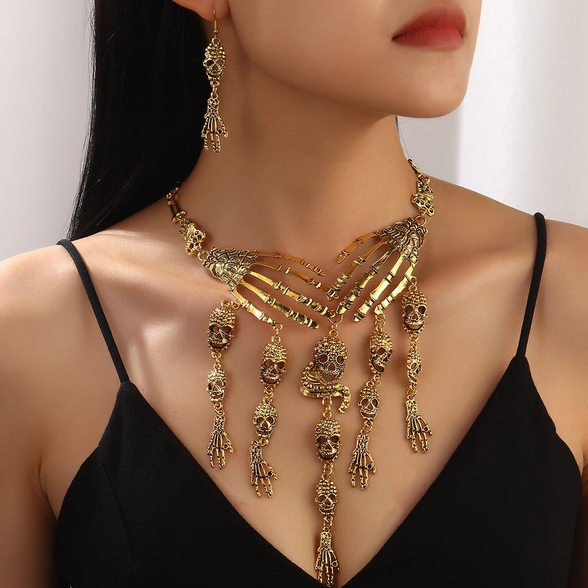 Halloween Jewelry Sets Vintage Goth Punk Pirate Skeleton Skull Statement Necklace And Earrings For Men Women Party Accessories