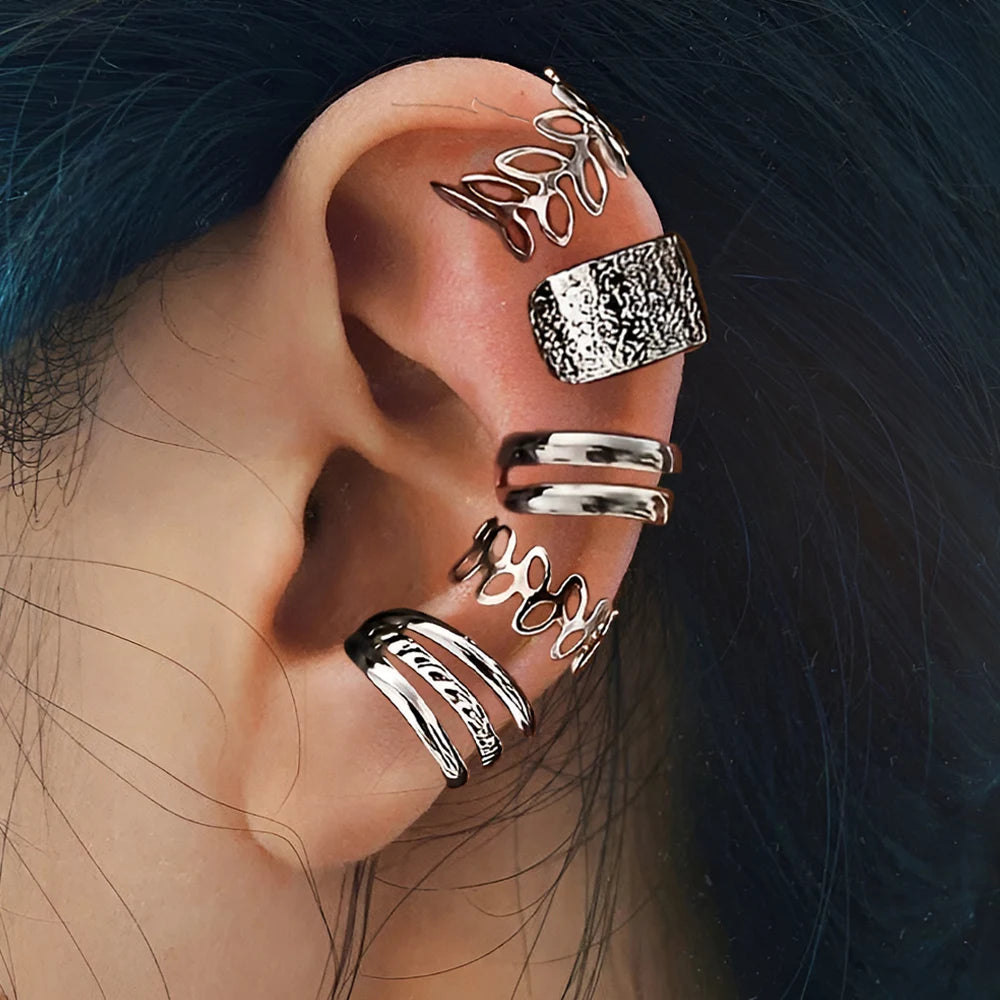 5-15pcs Simple Vintage Metal Clip Earrings Set for Women Teens Casual Hollow Leaf Fake Piercing Earring Jewelry Accessories Gift