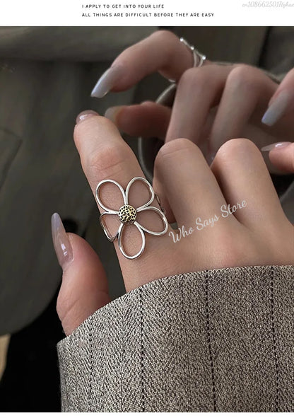 Sterling Silver Rings for Women Couple Minimalist Handmade Simple Big Flower Ring Party Jewelry Gift Prevent Allergy