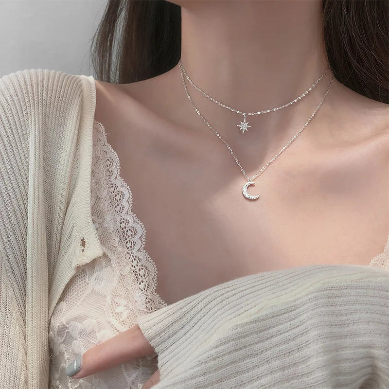 New Fashion Silver Color Double Layer Star Moon Necklace for Women Charm Delicate Zircon Wedding Pendant Choker Chain Jewelry