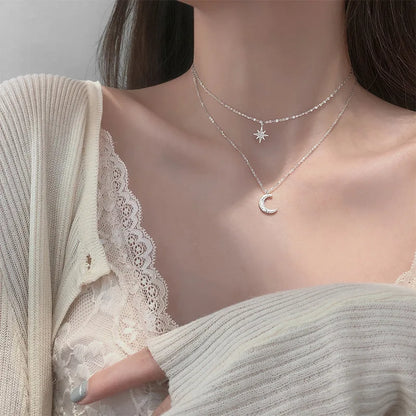 New Fashion Silver Color Double Layer Star Moon Necklace for Women Charm Delicate Zircon Wedding Pendant Choker Chain Jewelry