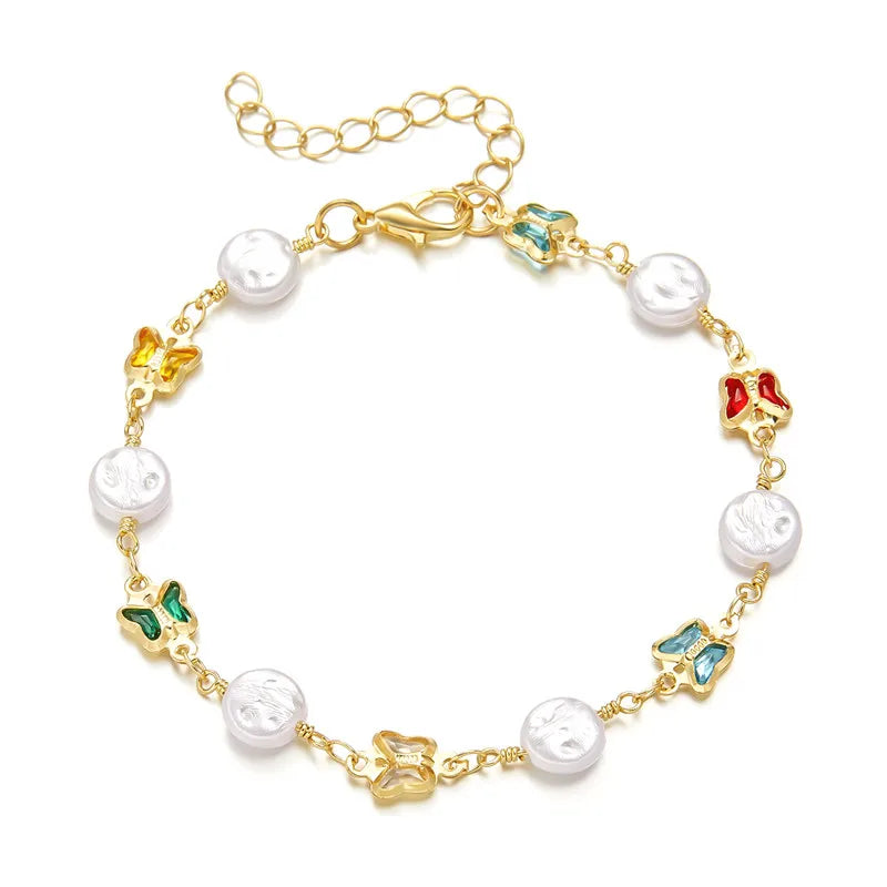 Exquisite Boho Candy Color Heart Shaped Crystal Bracelet for Women Fashion Charm Zircon Butterfly Pearl Metal Chain Bracelets