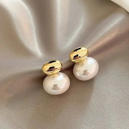 LATS New French Elegant Gold Color Bean Spliced Flat Pearl Earrings for Korean Fashion Jewelry Party Women's Sweet Accessories