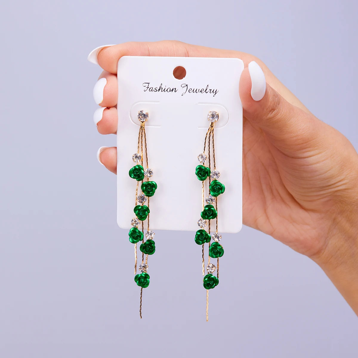 New Rose Flower Long Tassel Dangle Earrings Women Blue Red Green Rhinestone Flowers Hanging Earring Girls Party Wedding Jewelry