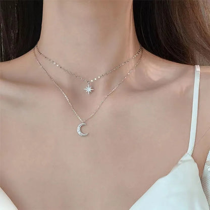 New Fashion Silver Color Double Layer Star Moon Necklace for Women Charm Delicate Zircon Wedding Pendant Choker Chain Jewelry