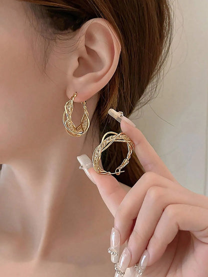 Gorgeous Intertwined Gold Color Hoop Earrings With Intricate Mesh Stylish Style Earrings For Women Party Gift Jewelry