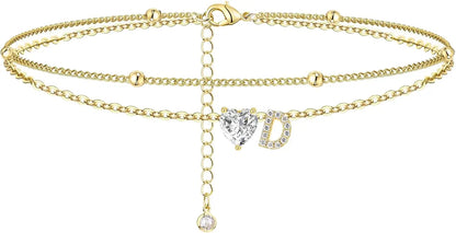Ankle Bracelets for Women Waterproof 14K Gold Plated CZ Initial Dainty Layered Heart Anklets Foot Chain Summer Beach Jewelry