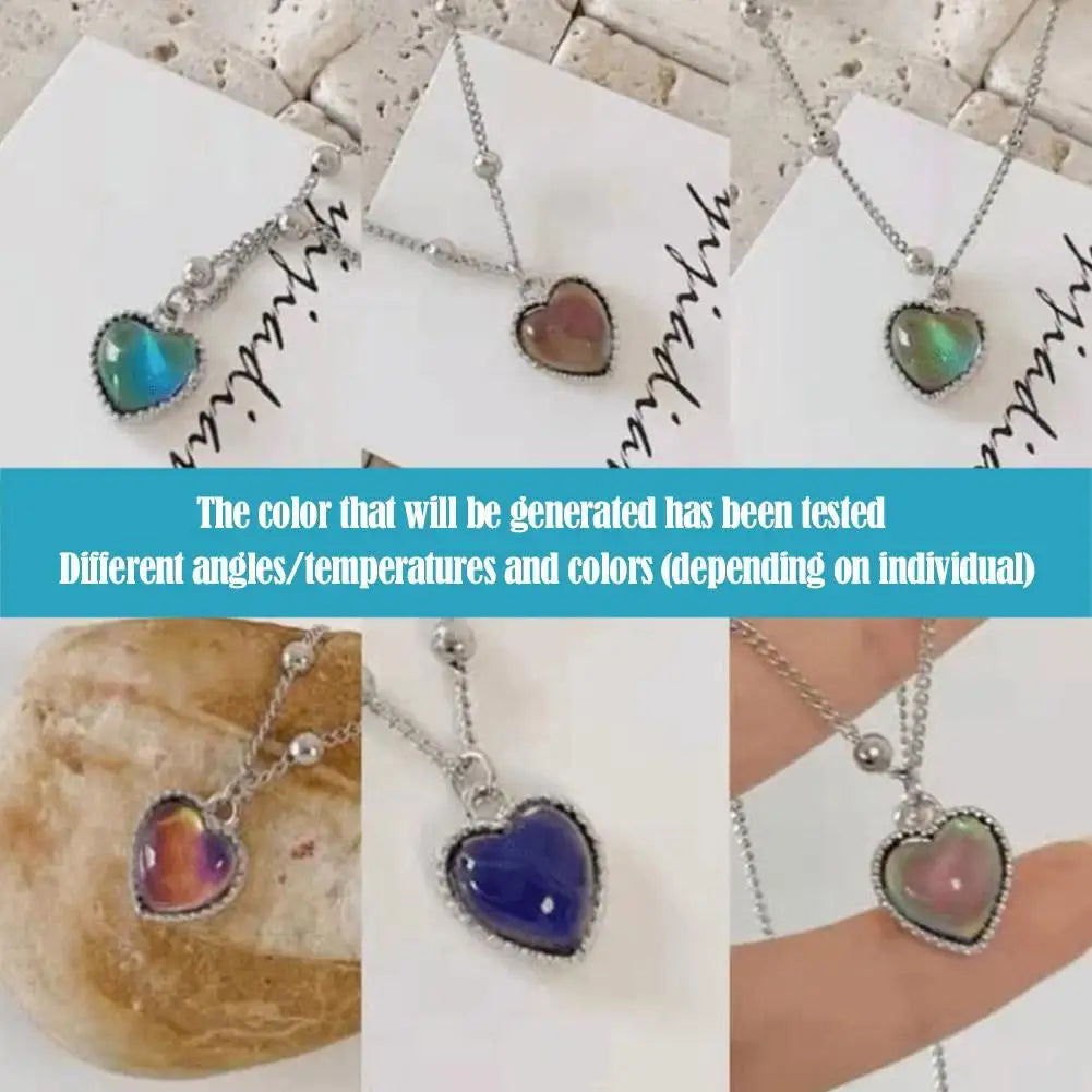 Thermochromic Mood Heart Pendant Necklace Korean Temperature Color Change Necklace Sensitive Stone Clavicle Chain Lover Jewelry