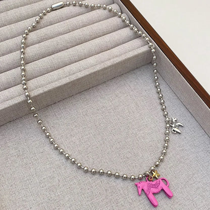 LATS Funny Cute White Black Pink Color Enamel Colt Horse Pendant Necklaces for Women Alloy Beads Chain Chokers Fashion Jewelry