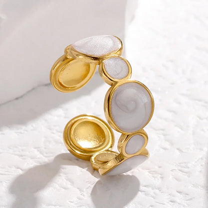 DLseek Round Black White Drip Oil Rings for Women Fashion Open Adjustable Gold Plated Stainless Steel Ring Charms Jewelry Gifts