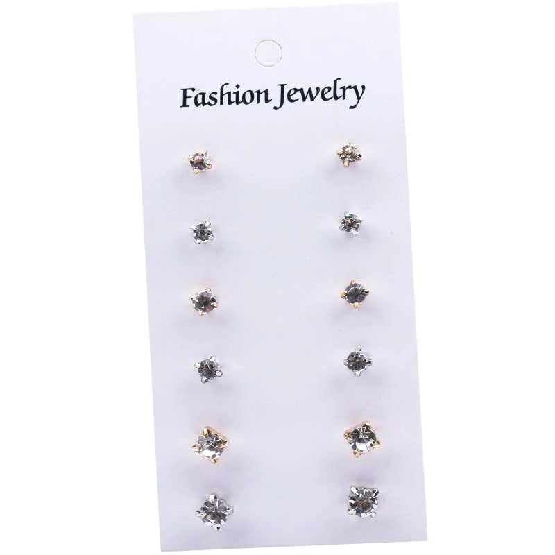 Trendy 12 Pairs/Set Cute Triangle Crystal Heart Stud Earrings for Women Ball Simulated Pearl Flower Brincos