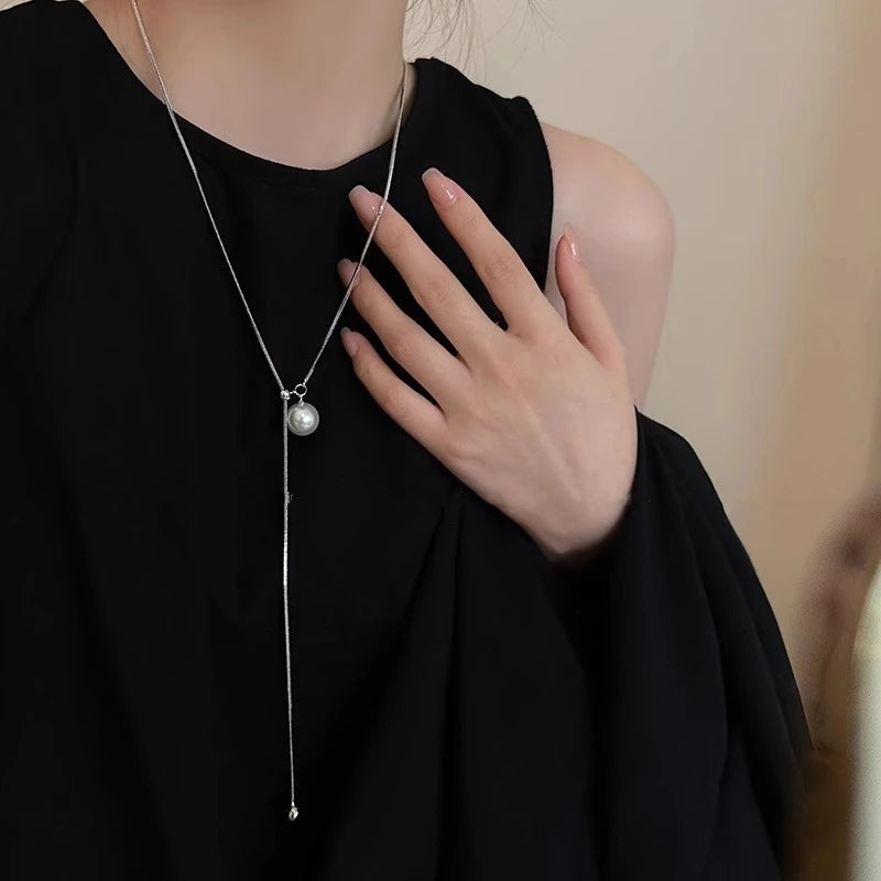 LATS Stainless Steel Long with Baroque Pearls Necklace for Women Adjustable Chain Sweater Accessories Fashion Jewelry