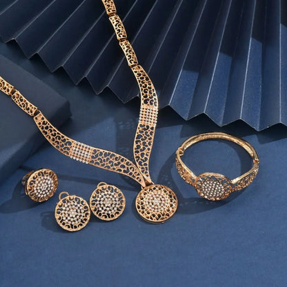 Retro Jewelry Sets Shiny Hollow Design Necklaces Bracelets Ring Sets Golden High Quality Women Necklace Set Wedding Engagement