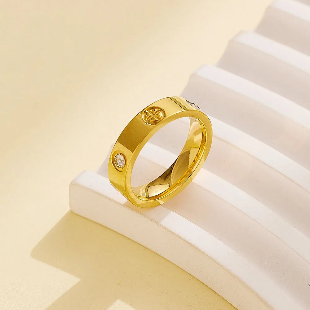 Classic Stainless Steel Cross with Zircon Love Rings for Women Men Couple Finger Ring Luxury Jewelry Wedding Party Gift