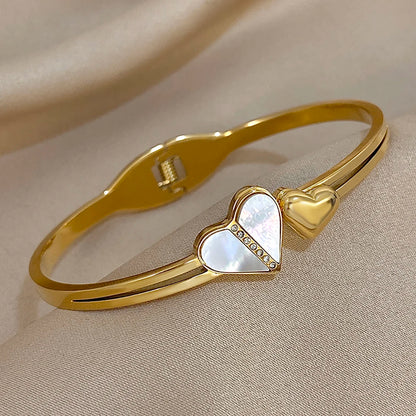 Stainless Steel Inlaid Shell Double Heart Cuff Bangles for Women Fashion Gold Color Bangle Bracelet Valentine's Day Jewelry Gift