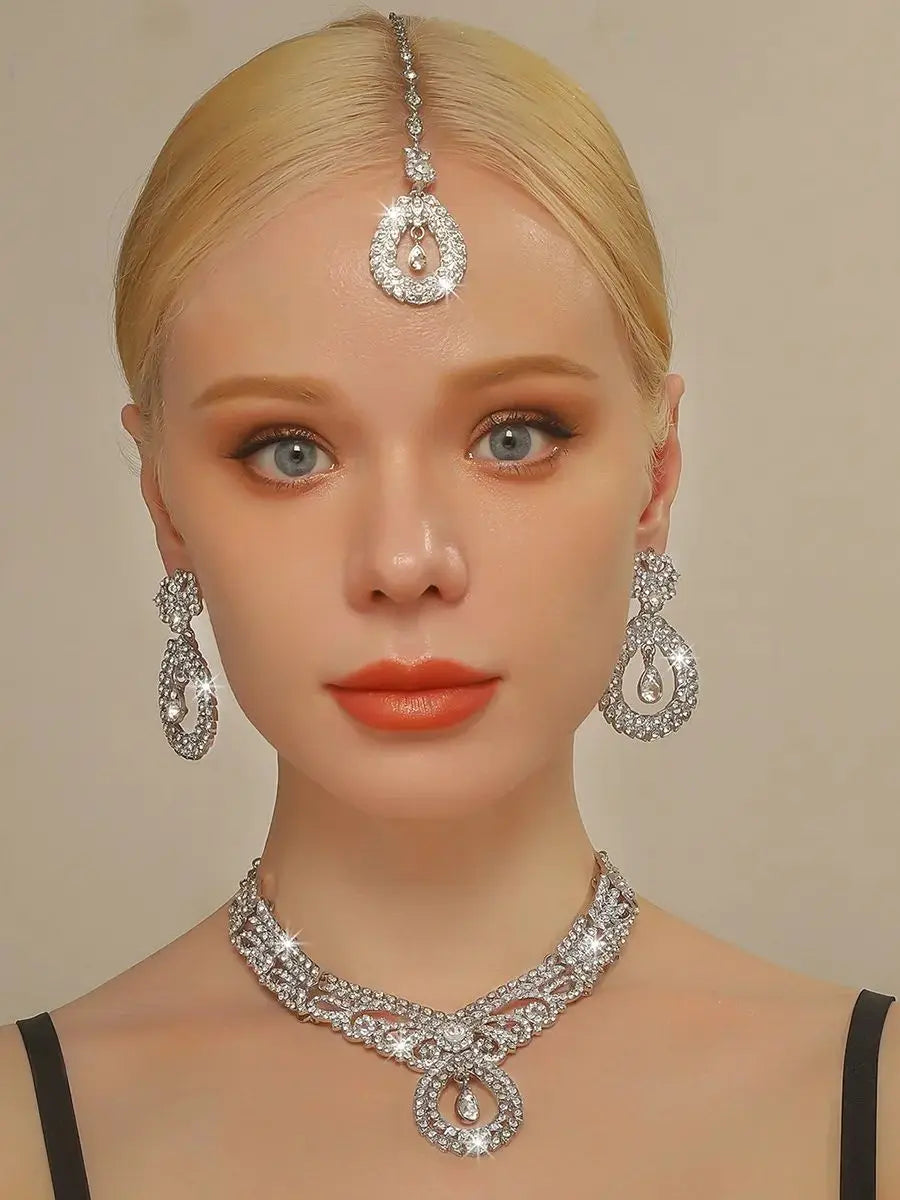 5-piece bridal jewelry set for women, exaggerated retro luxury crystal necklace, earrings and headdress set