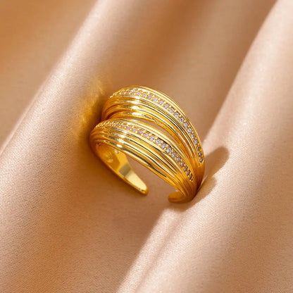 Zircon Cristal Geometric Rings For Women Stainless Steel Gold Color Adjustable Finger Ring Trendy Wedding Luxury Jewerly Gift