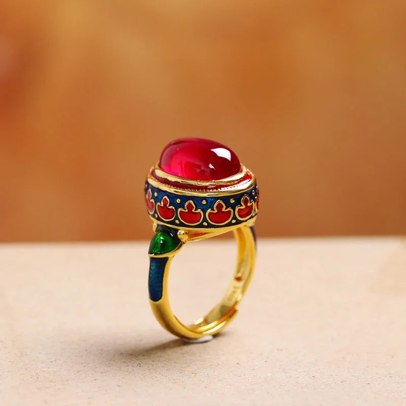 Original ancient gold craftsmanship natural carnelian rings for women flower enamel national style light luxury Wedding jewelry