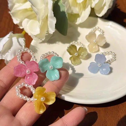 Imitation Pearl Acrylic Flower Rings Sweet Handmade Elastic Rope Romantic Jewelry Gift for Women Girl Fashion