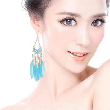 Bohemian Ethnic Feather Dangle Earrings For Women Trendy Long Tassel Colorful Beads Drop Earrings Girl Female Boho Jewelry