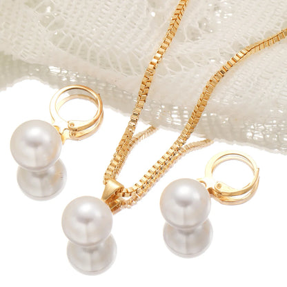 LATS 3 Pcs/Set Round Pearl Pendant Necklace For Women Exquisite Fashion Rhinestone Double  Earring Wedding Jewelry Set Gift